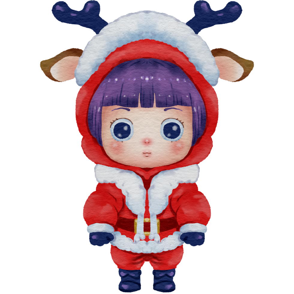 Christmas chibi girl cute cartoon character isolated in Santa costume watercolor style for decoration greeting and New Year card. png