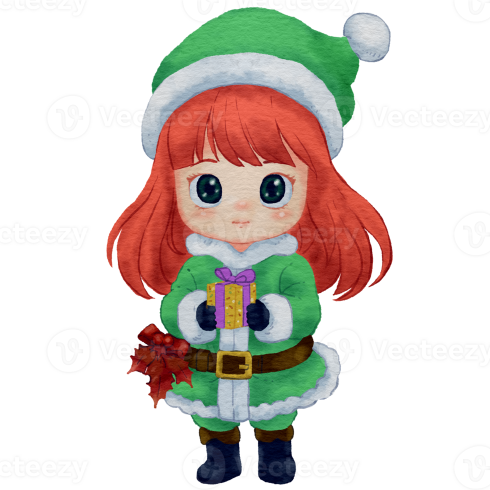 Christmas chibi girl cute cartoon character isolated in Santa costume watercolor style for decoration greeting and New Year card. png