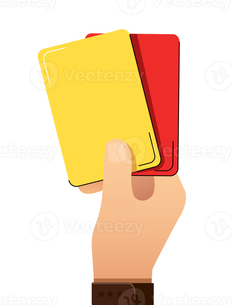 Soccer, referees hand with red and yellow card png