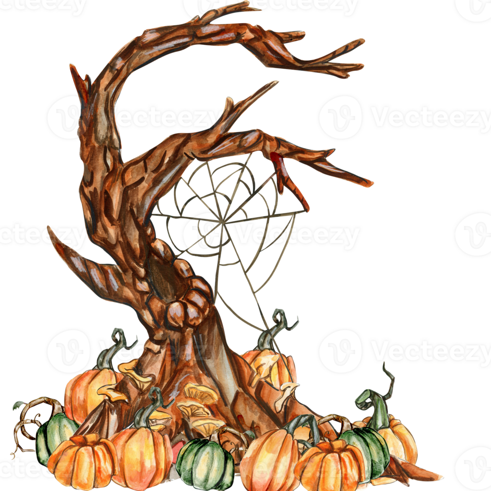 Watercolor hand drawn composition of autumn with pumpkins, mushroom and witch. png