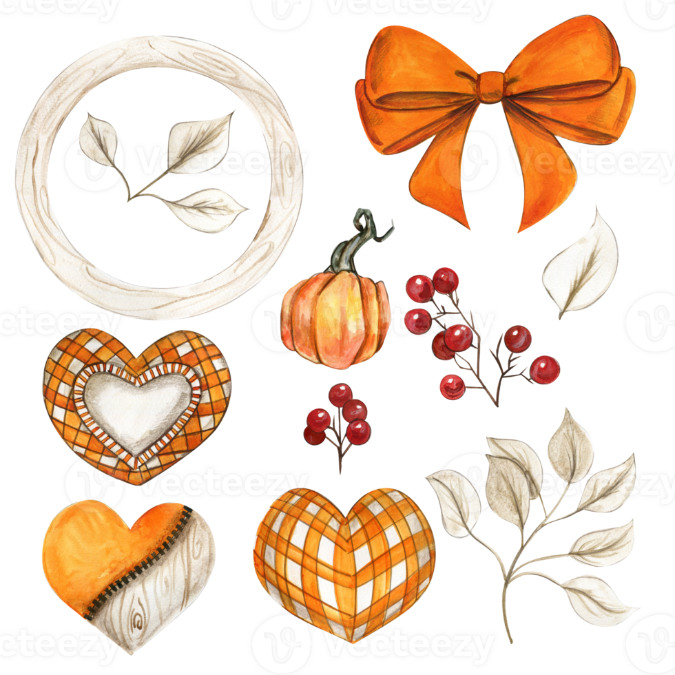 Watercolor hand drawn set of autumn pumpkin, hearts and ribbon. png