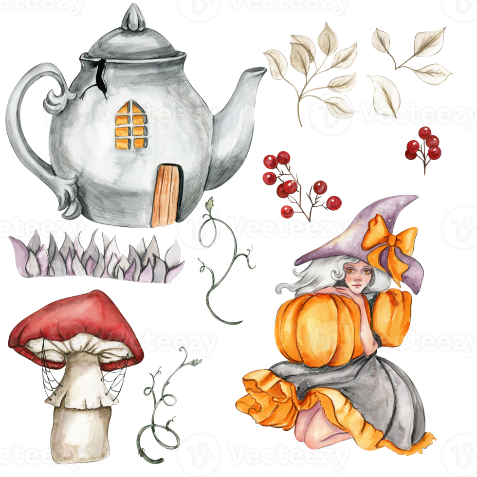 Watercolor hand drawn set of autumn with cracked teapot, pumpkins, mushroom and witch. png