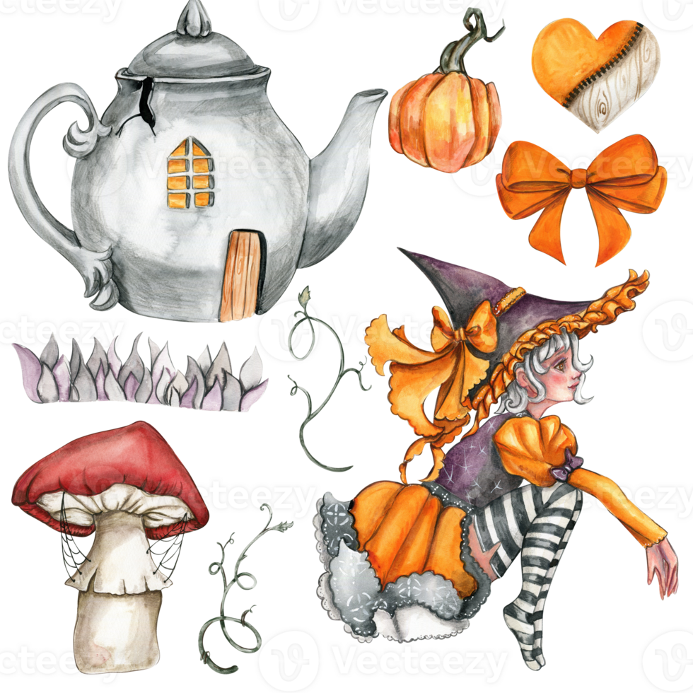 Watercolor hand drawn set of autumn with cracked teapot, pumpkins, mushroom and witch. png