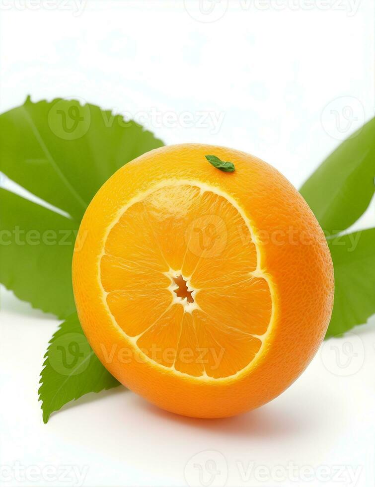 Ripe orange isolated with leaf on a white background Clipping Path by ai generated. photo