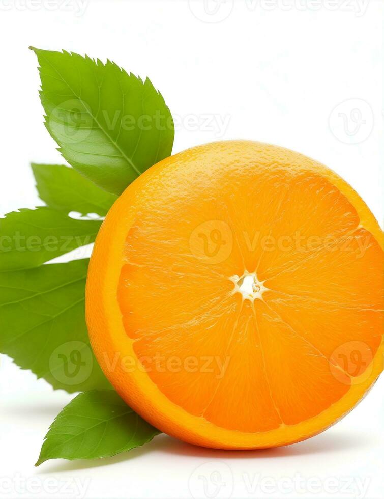 Ripe orange isolated with leaf on a white background Clipping Path by ai generated. photo