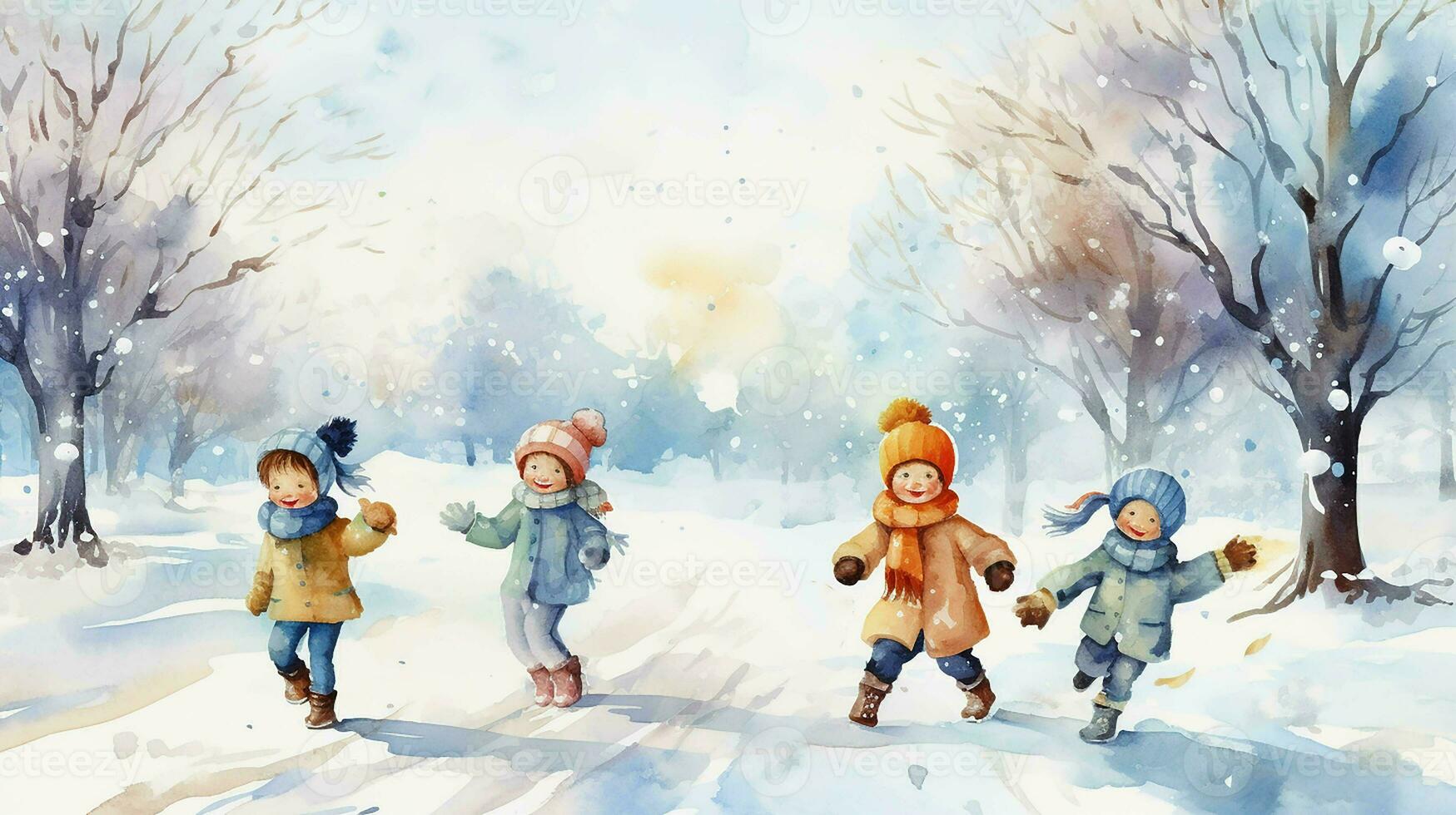 Watercolor illustration of children in the winter. Watercolor handmade.A vivid illustration for your design and decoration. photo