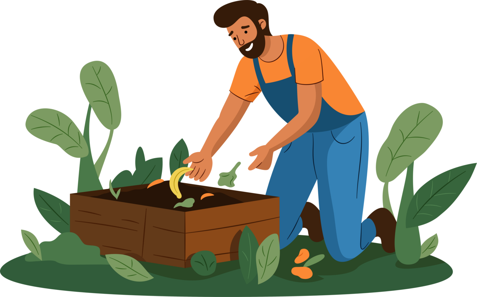 The man is disposing of organic food trash in the compost pit. food