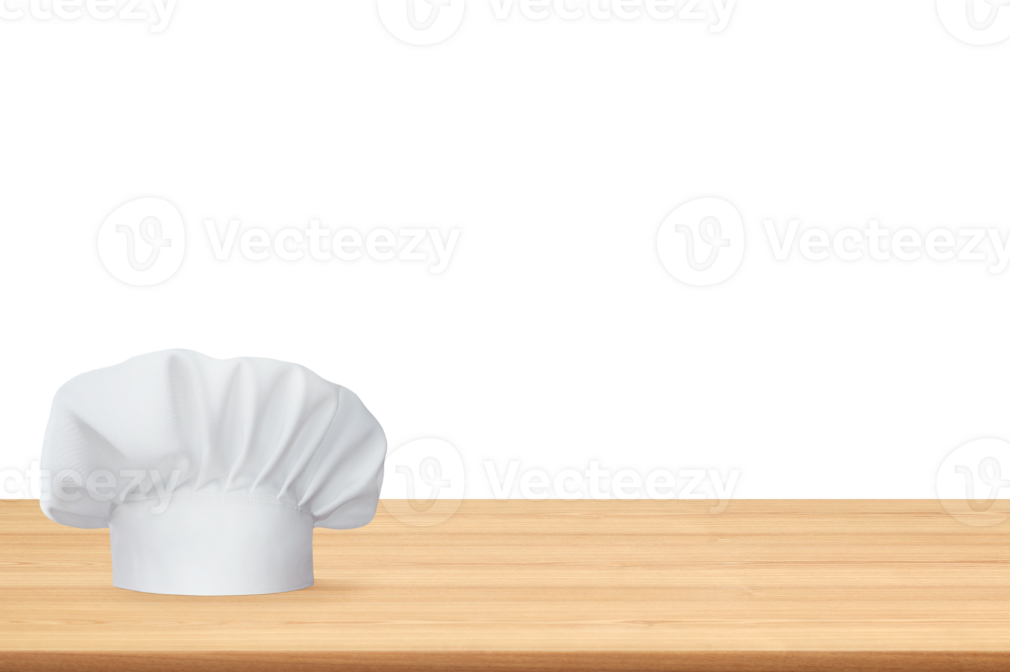 White chef hat on empty wooden table PNG transparent