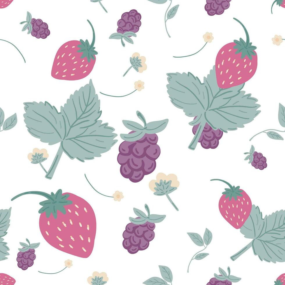 Berries seamless pattern hand drawn strawberry and blackberry vector