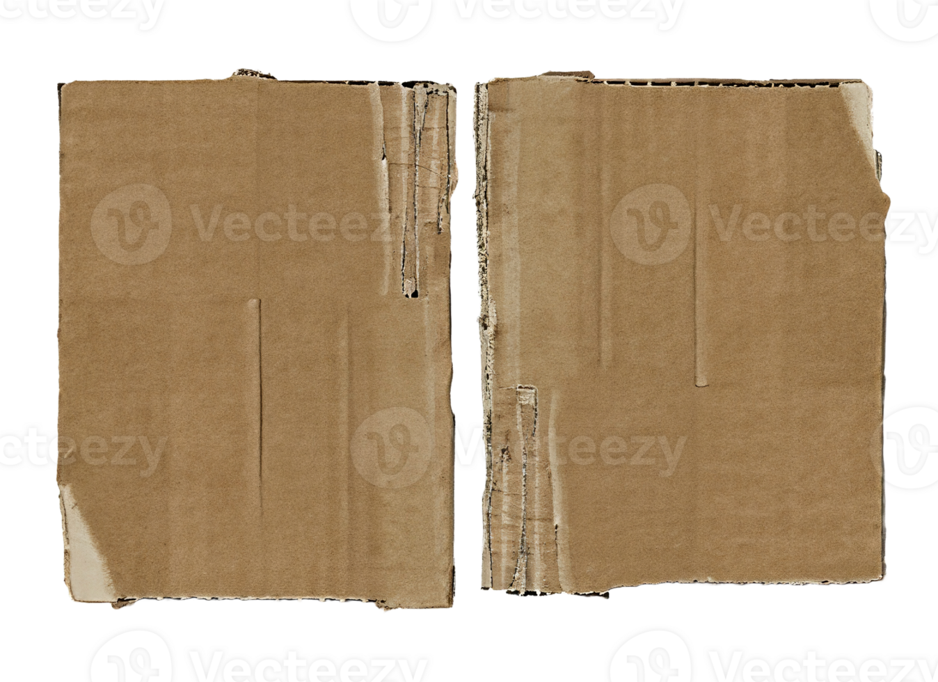 Two old, worn, and torn rectangular cardboard pieces, Used paper texture Old cardboard A brown cardboard piece is cut into two sections - Ai Generative png