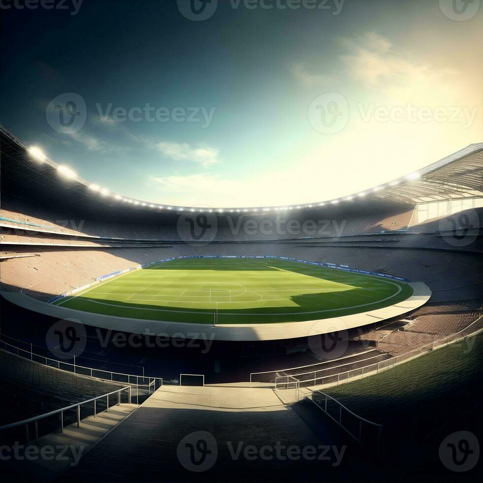 Soccer field with illumination, green grass, and cloudy sky, background for design or advertising by ai generated photo