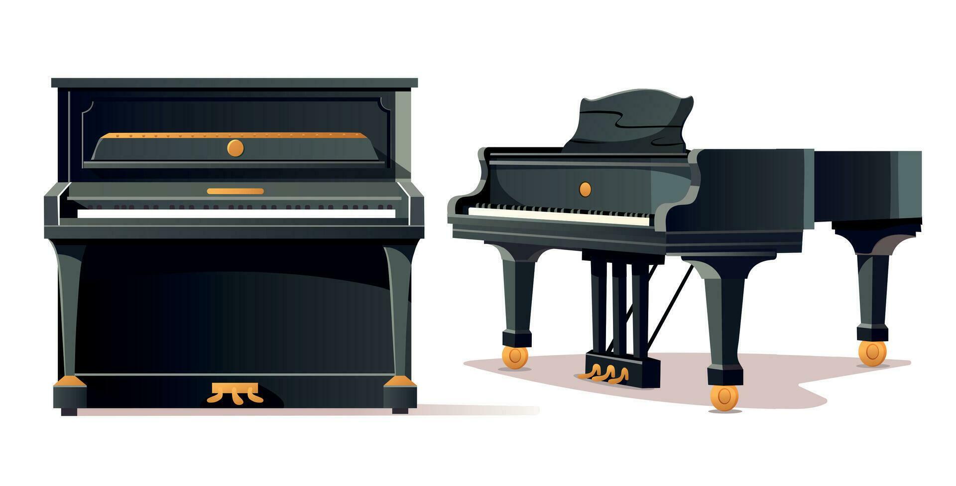 Classic black grand piano and upright piano. Two types of pianos