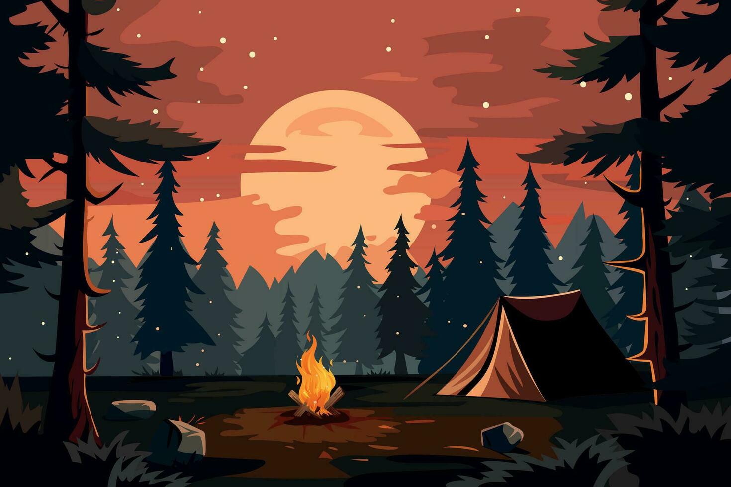 Evening camping background. There is a tent in the forest and a fire is burning. vector