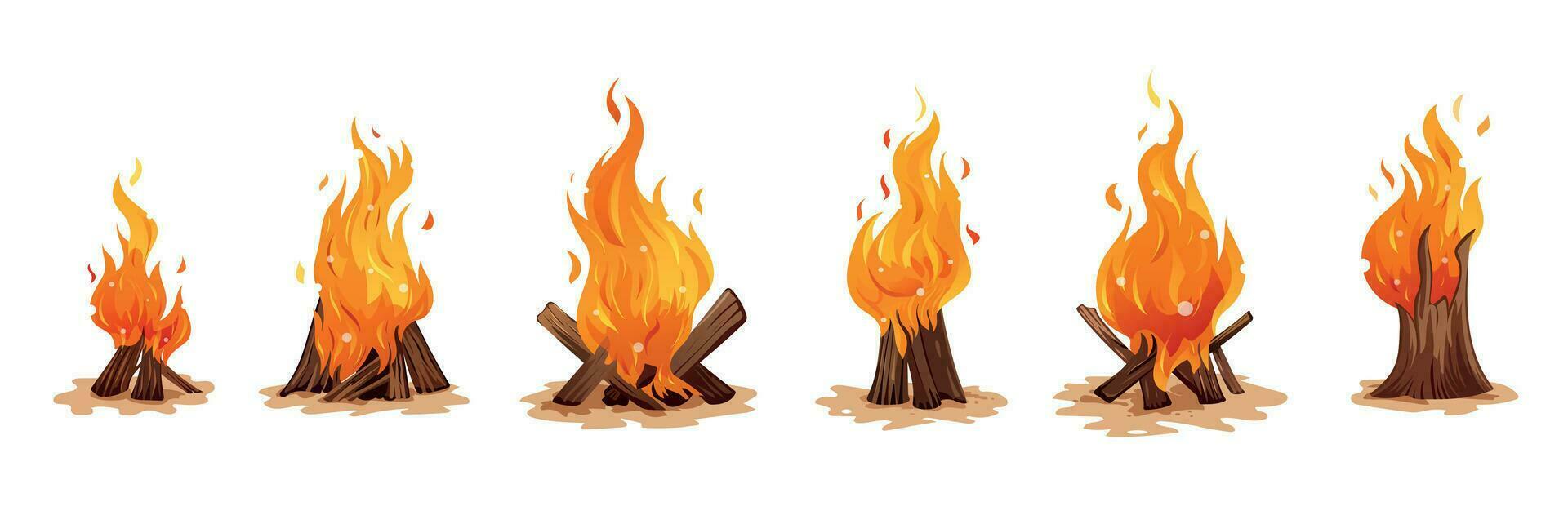 Set of Camping Burning Bonfires. Kindled Flame. Burning Firewood. Vector illustration in cartoon style.