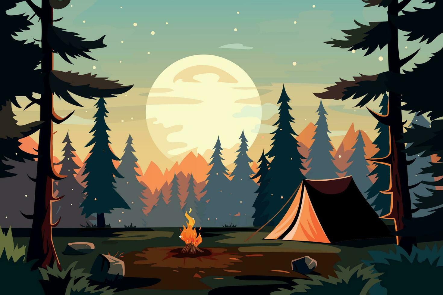 Morning camping background. There is a tent in the forest and a fire is burning. vector