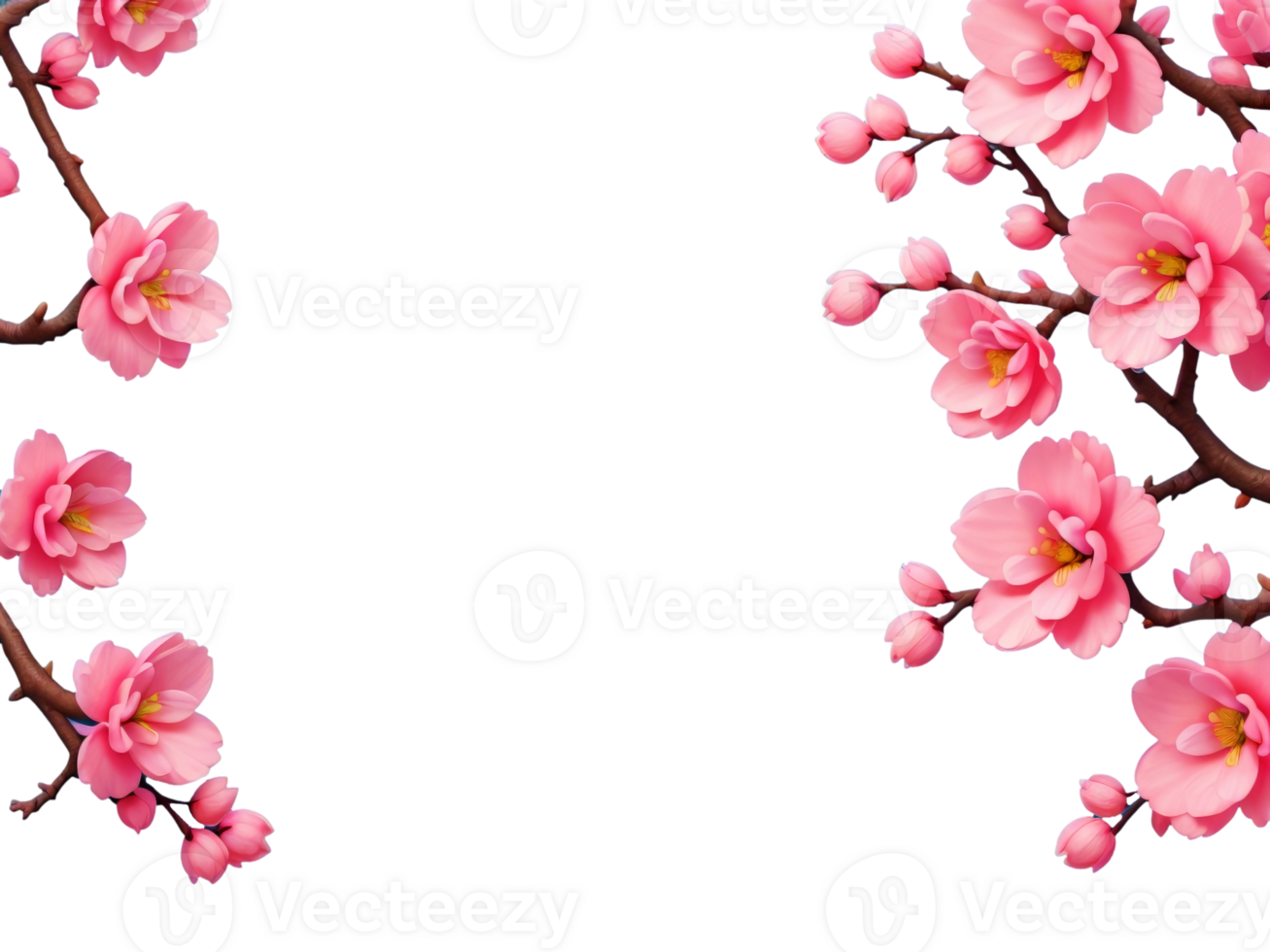 Pink cherry blossom branches frame on transparent background. Generative AI. png