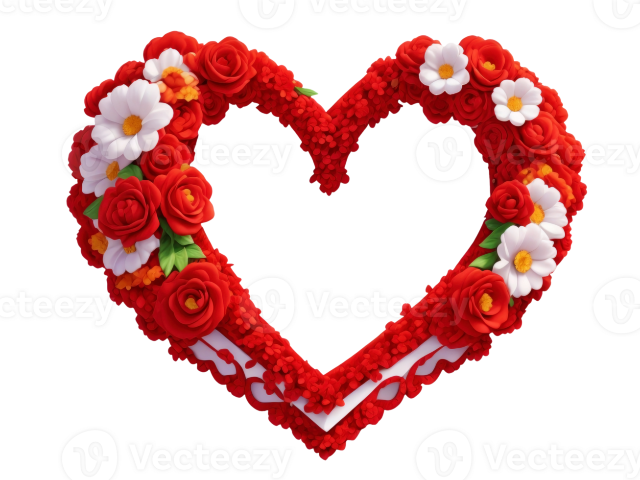 bianca cuore sagomato telaio decorato con rosso fiori su trasparente sfondo. generativo ai. png