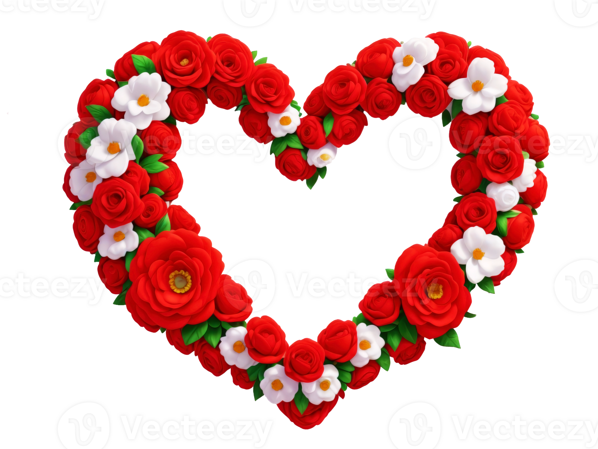 White heart shaped frame decorated with red flowers on transparent