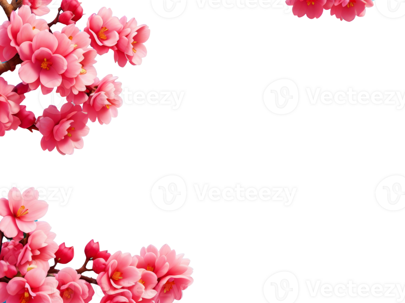 Pink cherry blossom branches frame on transparent background. Generative AI. png