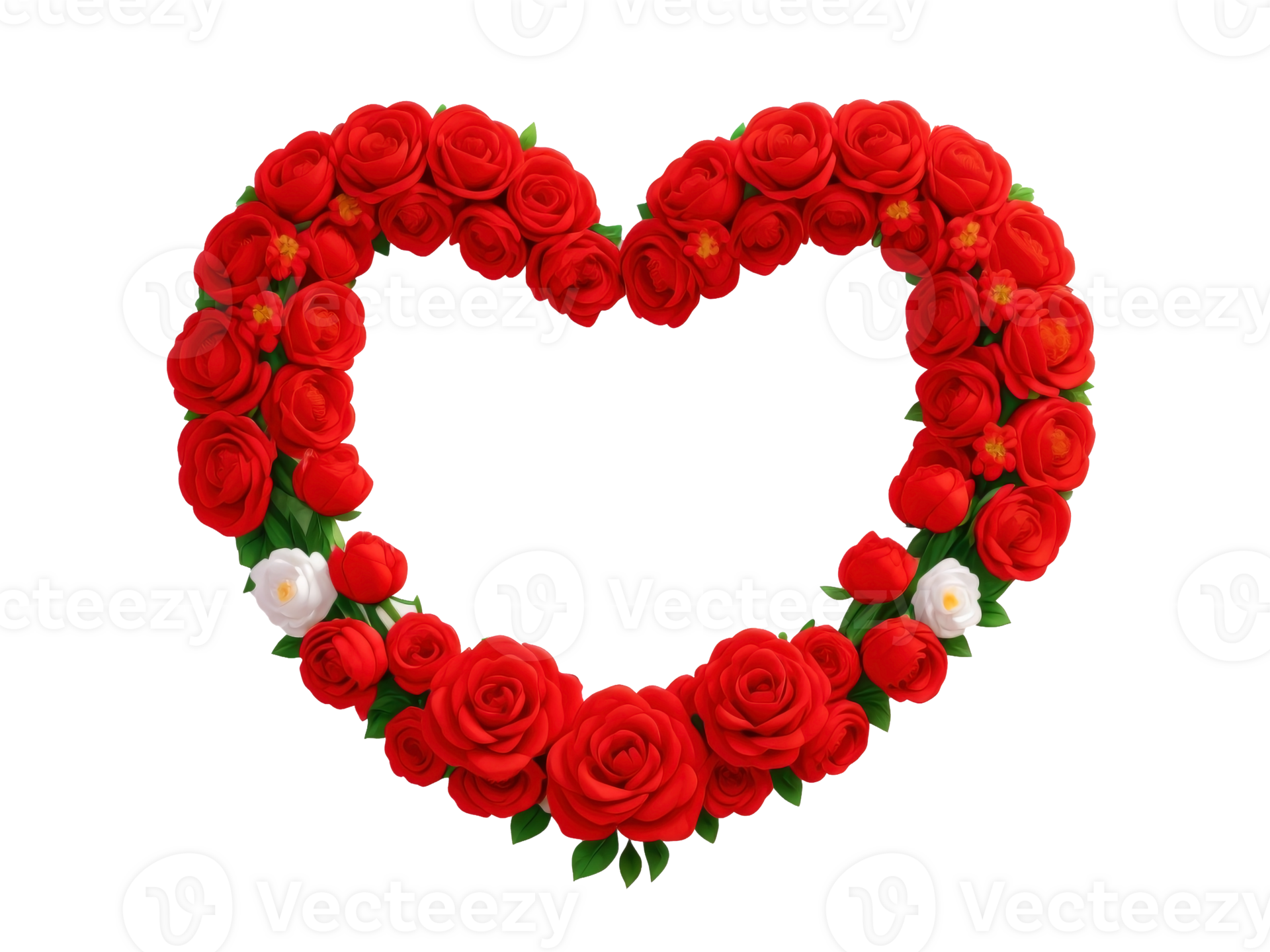 White heart shaped frame decorated with red flowers on transparent