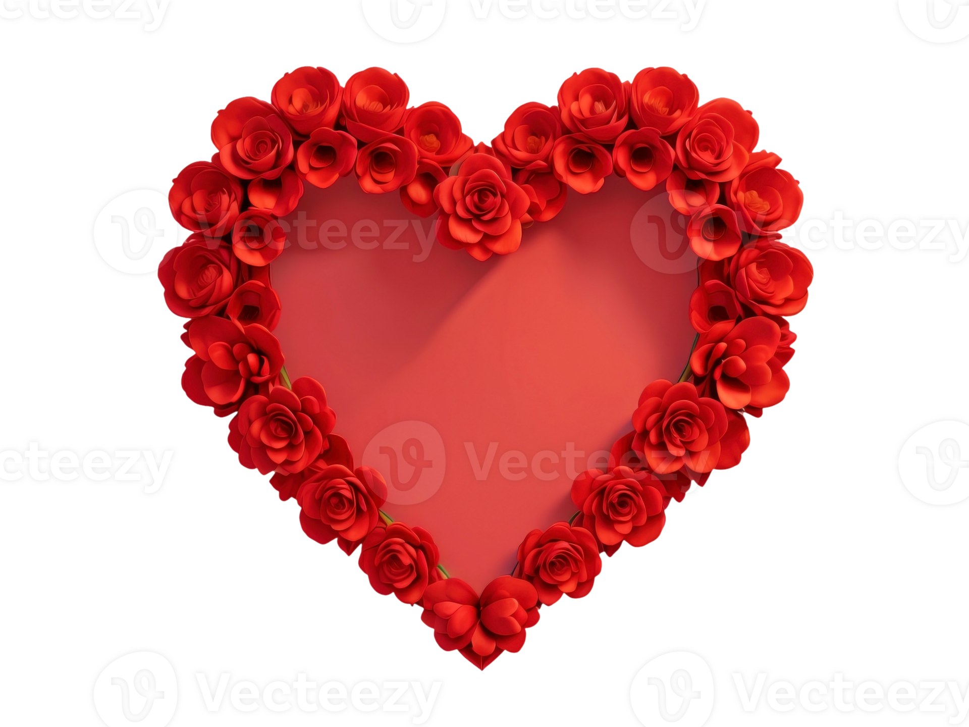 White heart shaped frame decorated with red flowers on transparent