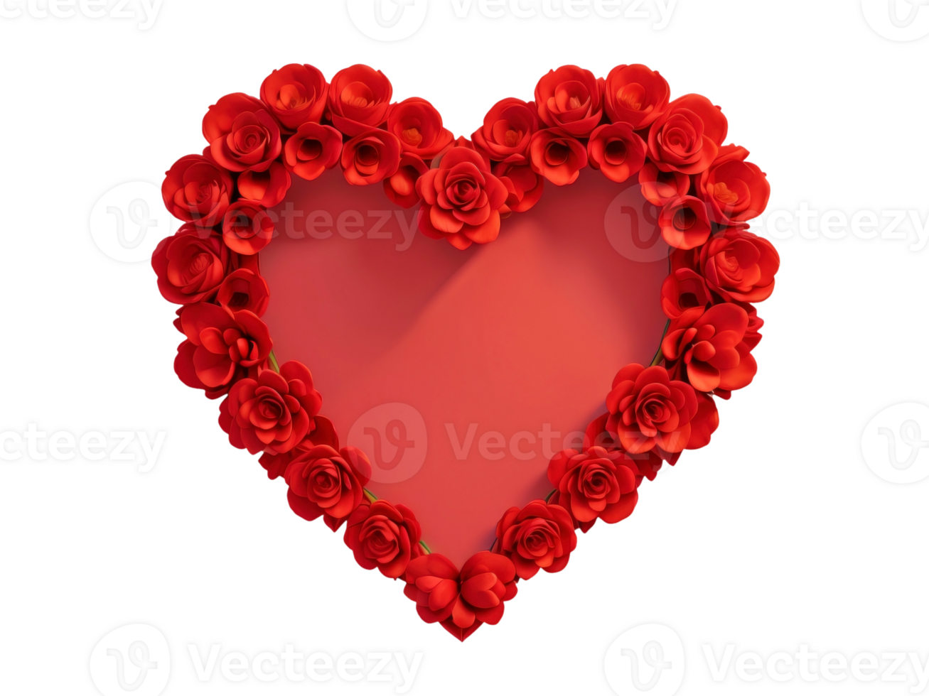 White heart shaped frame decorated with red flowers on transparent background. Generative AI. png