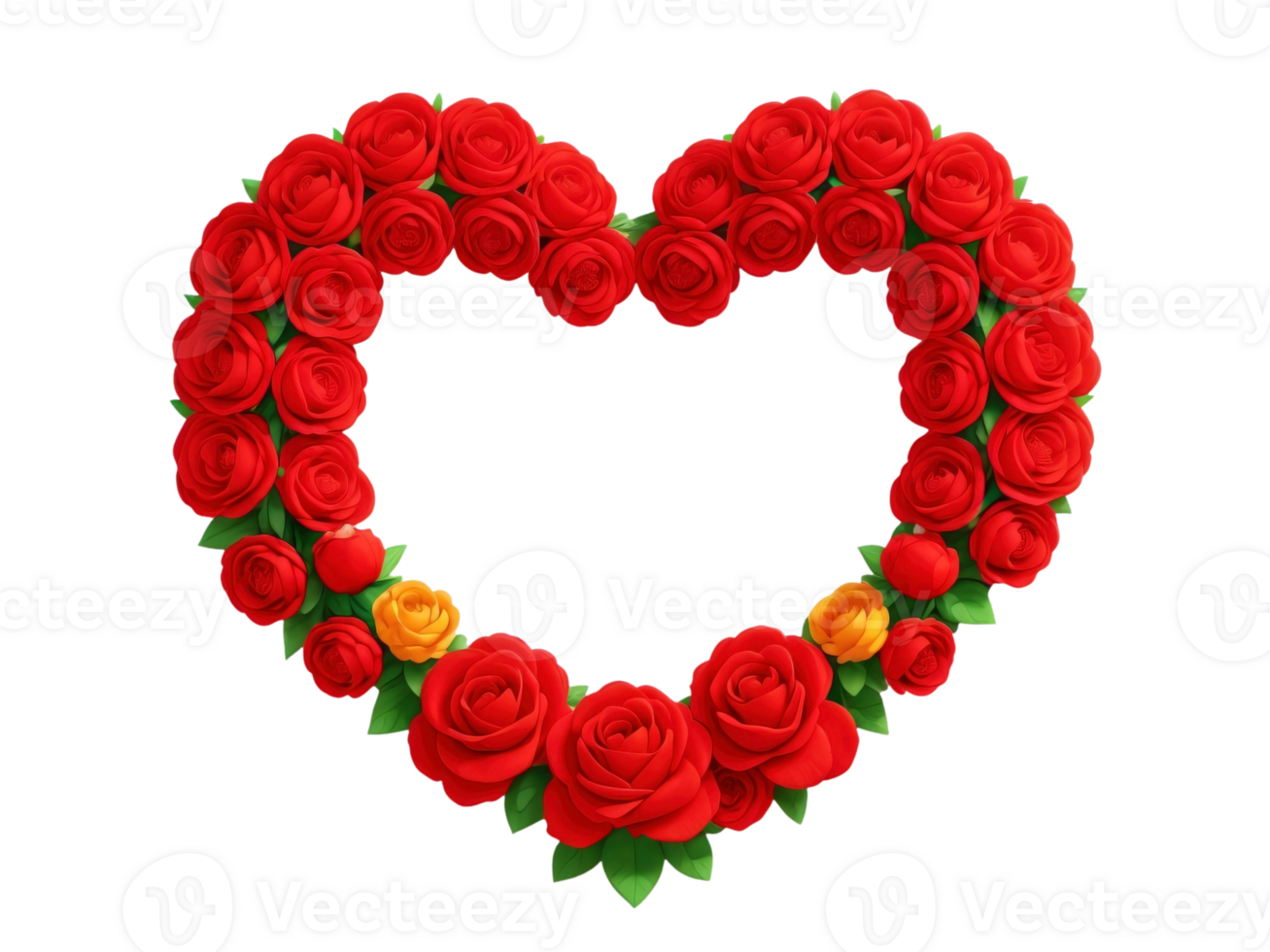 White heart shaped frame decorated with red flowers on transparent background. Generative AI. png