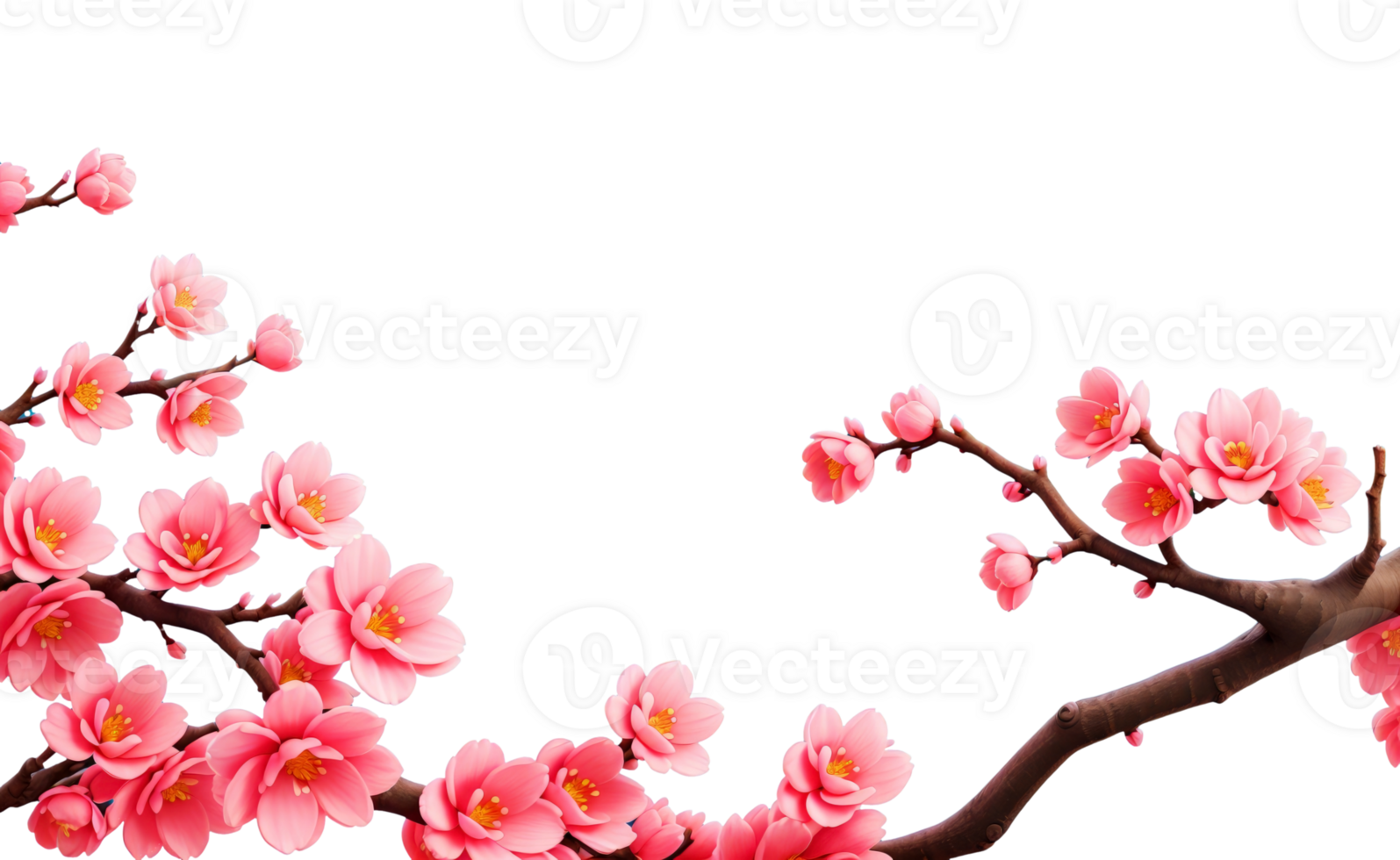 Pink cherry blossom branches frame on transparent background. Generative AI. png