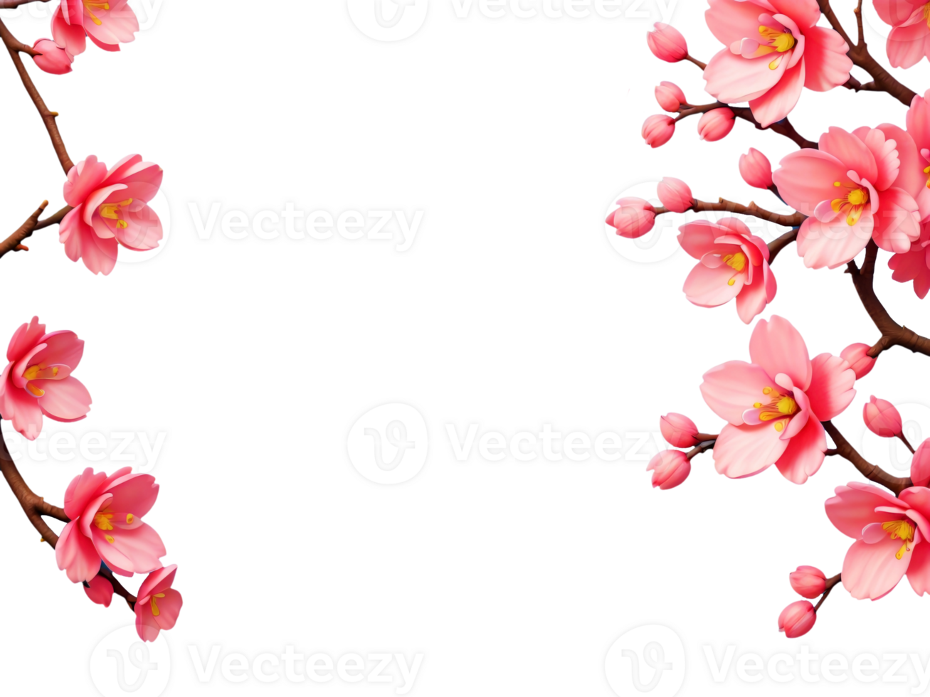 Pink cherry blossom branches frame on transparent background. Generative AI. png