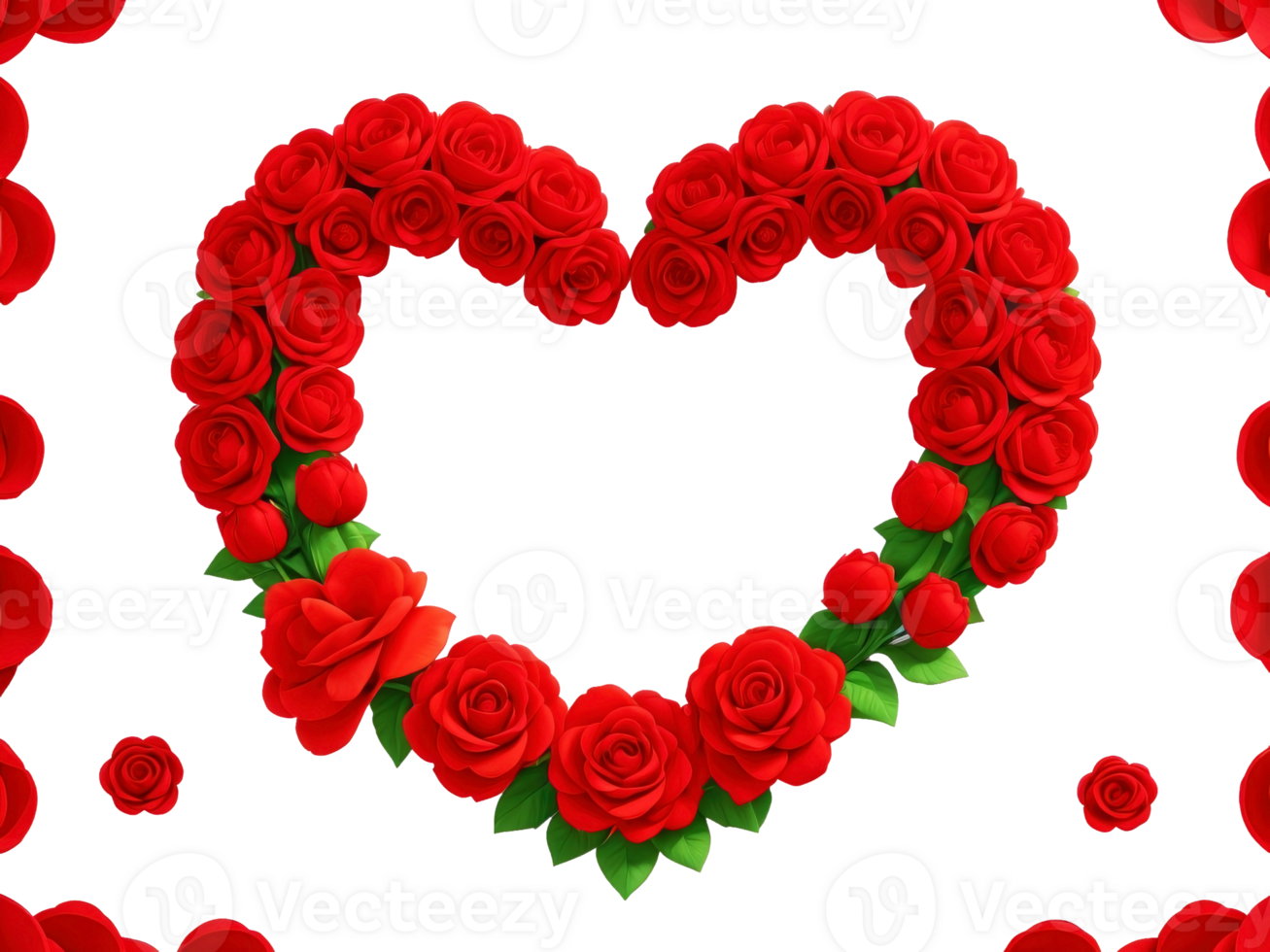 White heart shaped frame decorated with red flowers on transparent background. Generative AI. png