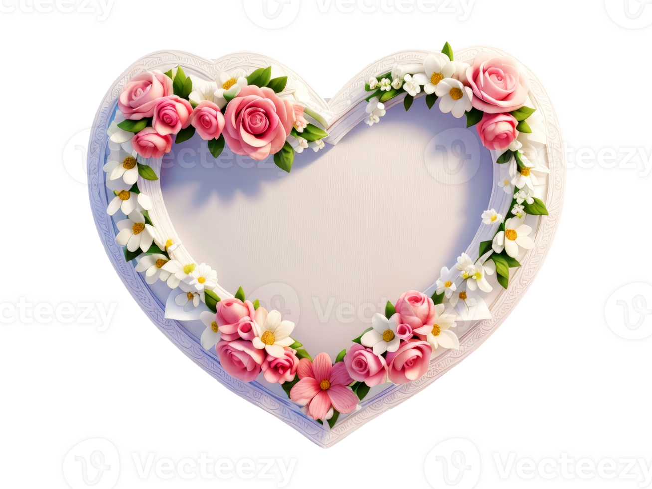 White heart shaped frame decorated with colorful flowers on transparent background.Generative AI. png