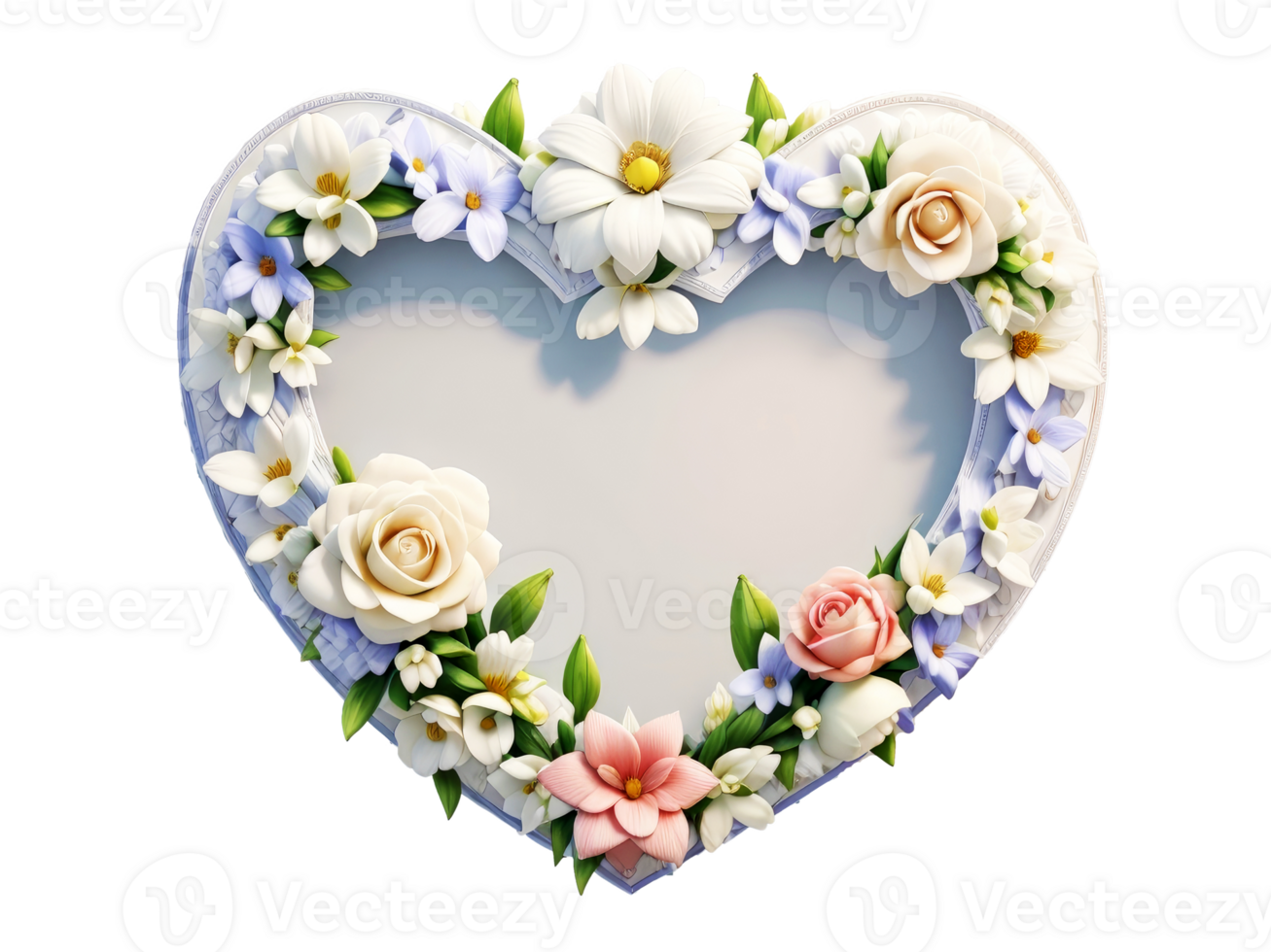 White heart shaped frame decorated with colorful flowers on transparent background.Generative AI. png