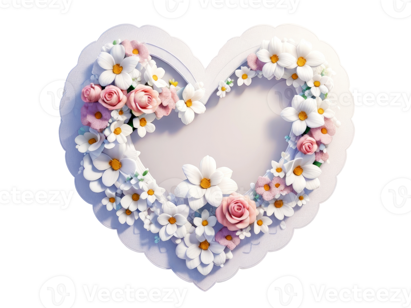 White heart shaped frame decorated with colorful flowers on transparent
