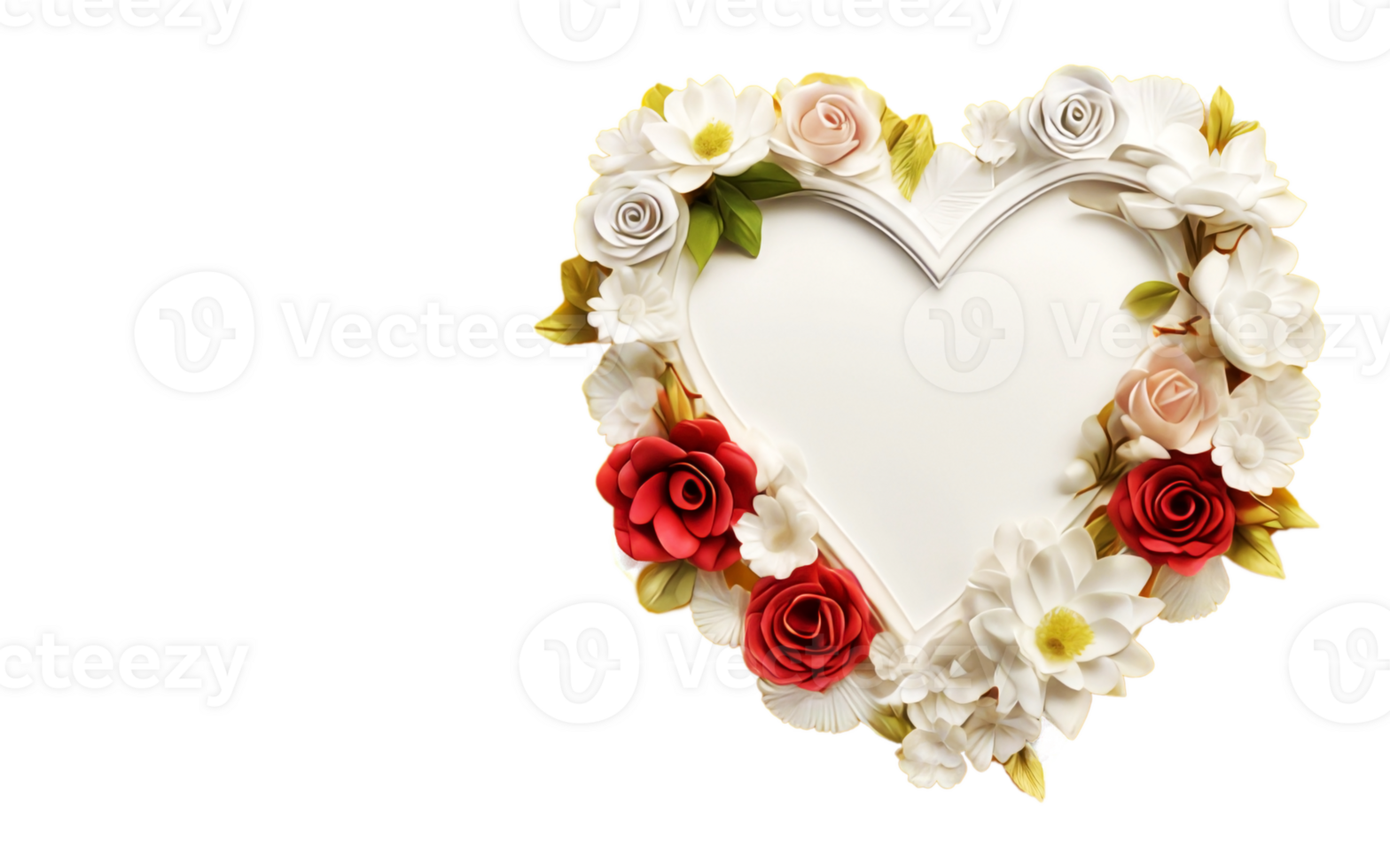 White heart shaped frame decorated with colorful flowers on transparent background.Generative AI. png