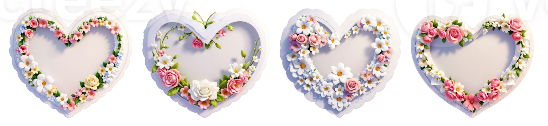 White heart shaped frame decorated with colorful flowers on transparent background.Generative AI. png