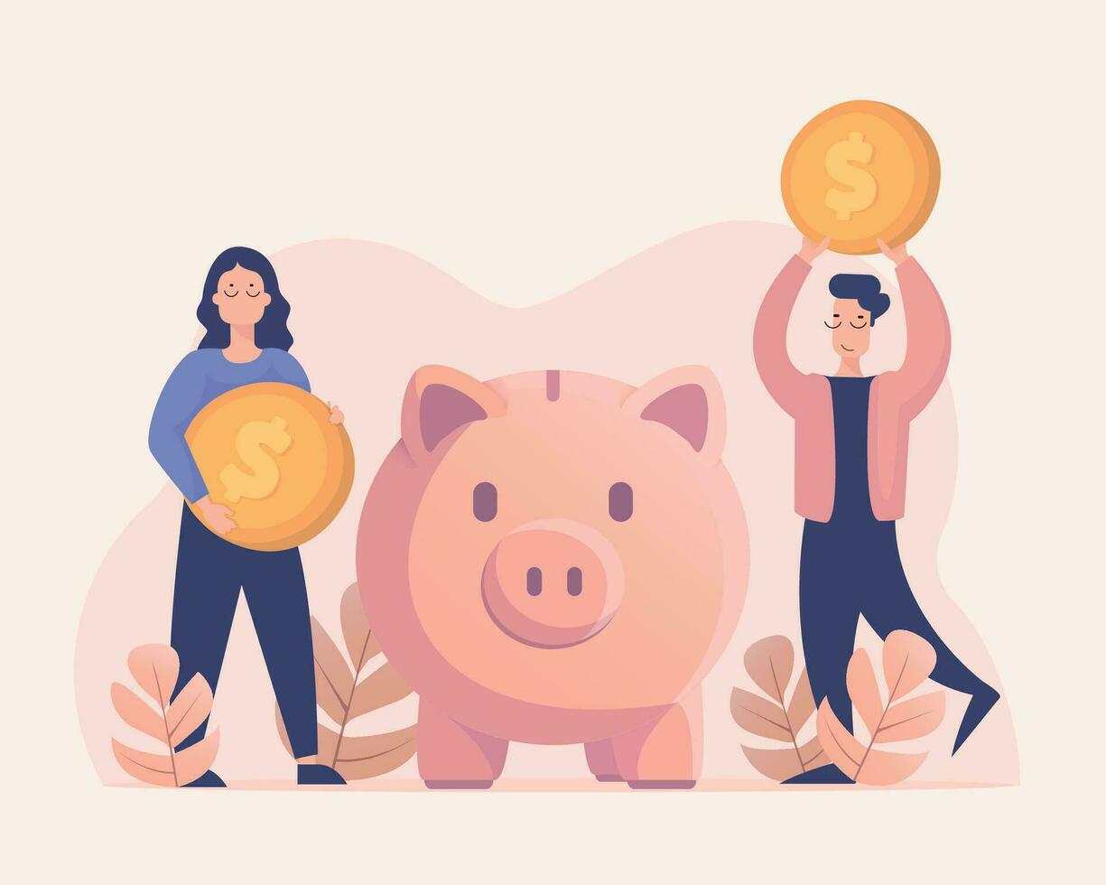 hombre y mujer poniendo monedas en el cerdito banco. finanzas, inversión, dinero ahorro concepto ilustración. vector ilustración