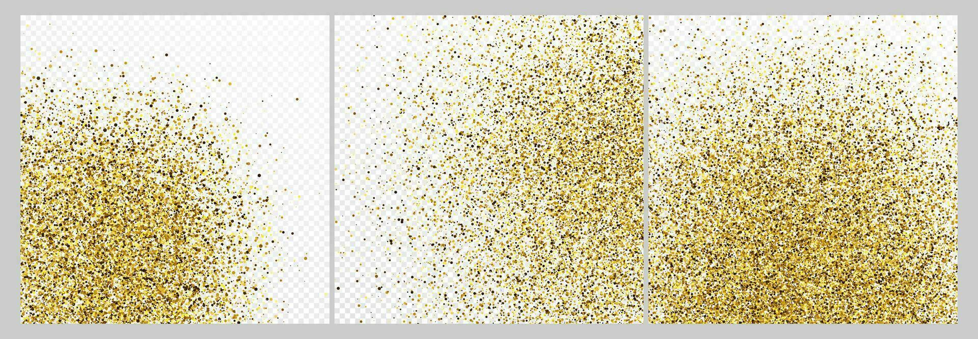 Set of three gold glitter confetti backdrops isolated on white backgrounds. Celebratory texture with shining light effect. Vector illustration.