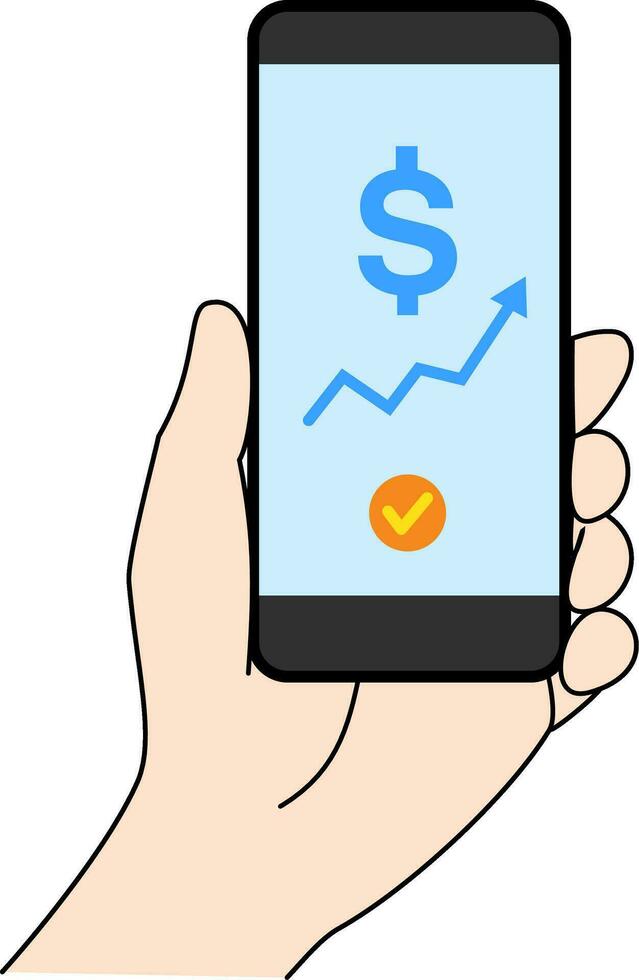 Illustration of smartphone holding in left hand showing economic growth trend information vector