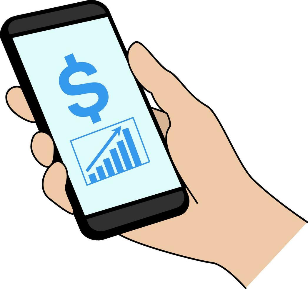 Right hand holding smartphone showing economic growth trend information illustration vector