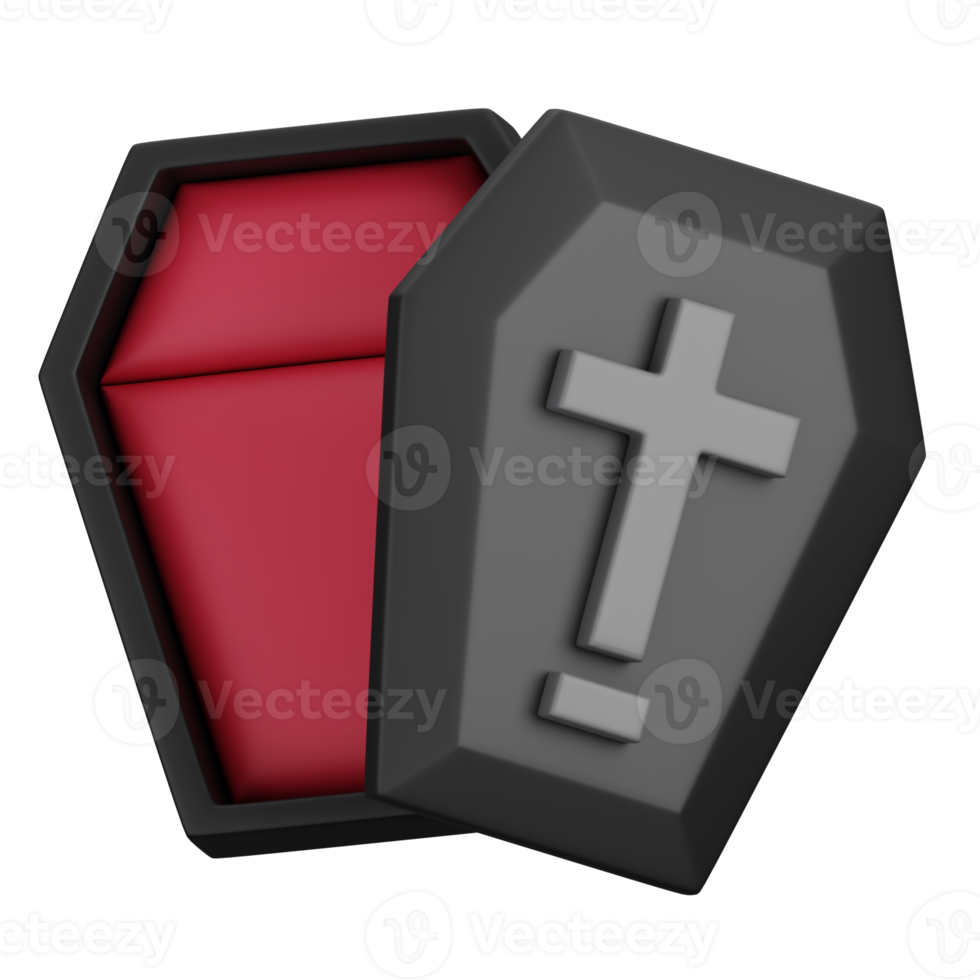 Funny Halloween cartoon character Coffin with cross symbol isolated. 3d render illustration png