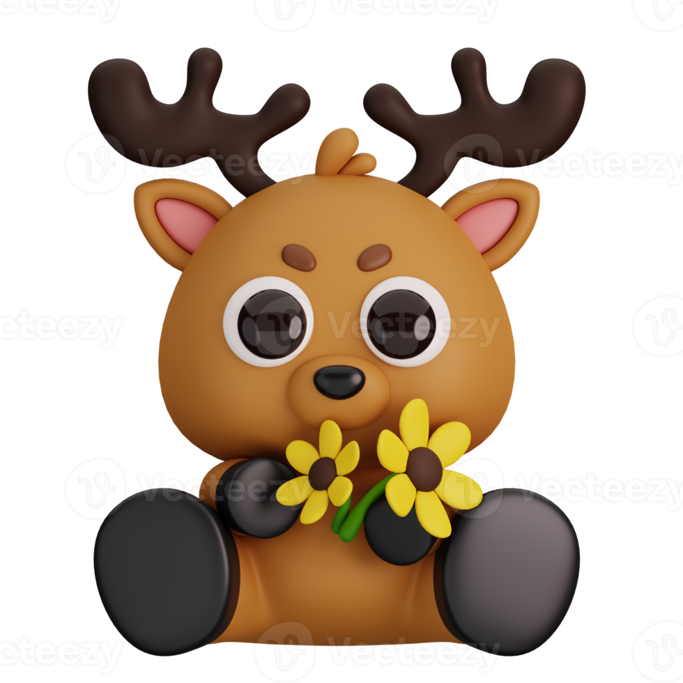 Cute Deer Holding Flowers Isolated. Animals and Food Icon Cartoon Style Concept. 3D Render Illustration png