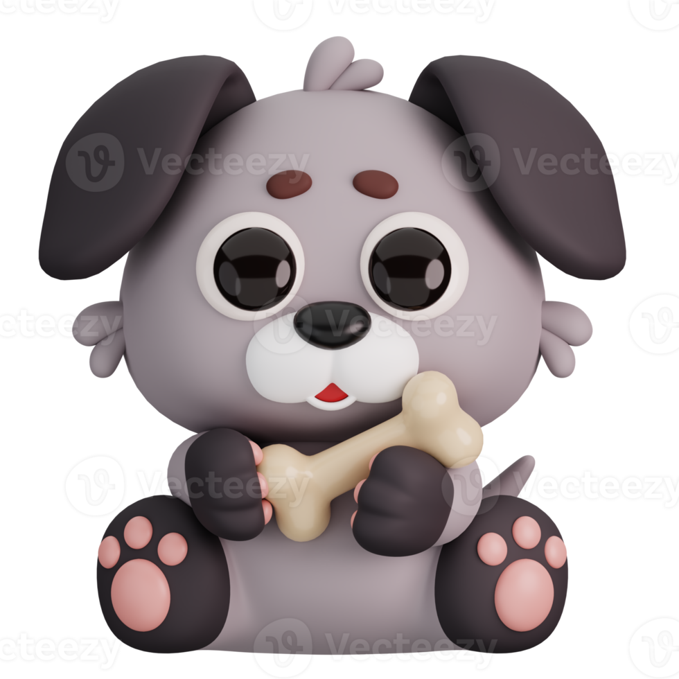 fofa cachorro segurando osso isolado. animais e Comida ícone desenho animado estilo conceito. 3d render ilustração png