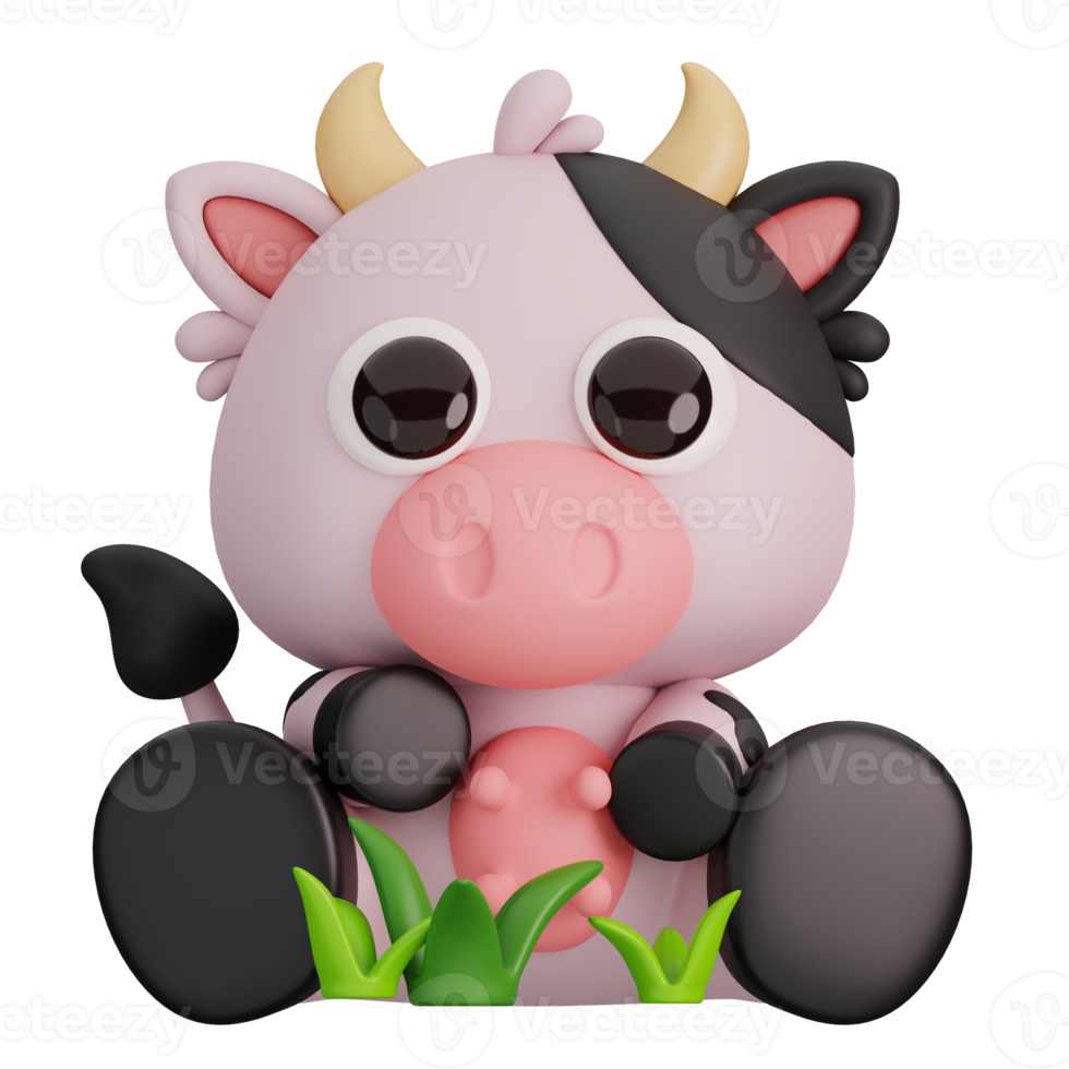 Cute Cow with Grass Isolated. Animals and Food Icon Cartoon Style Concept. 3D Render Illustration png