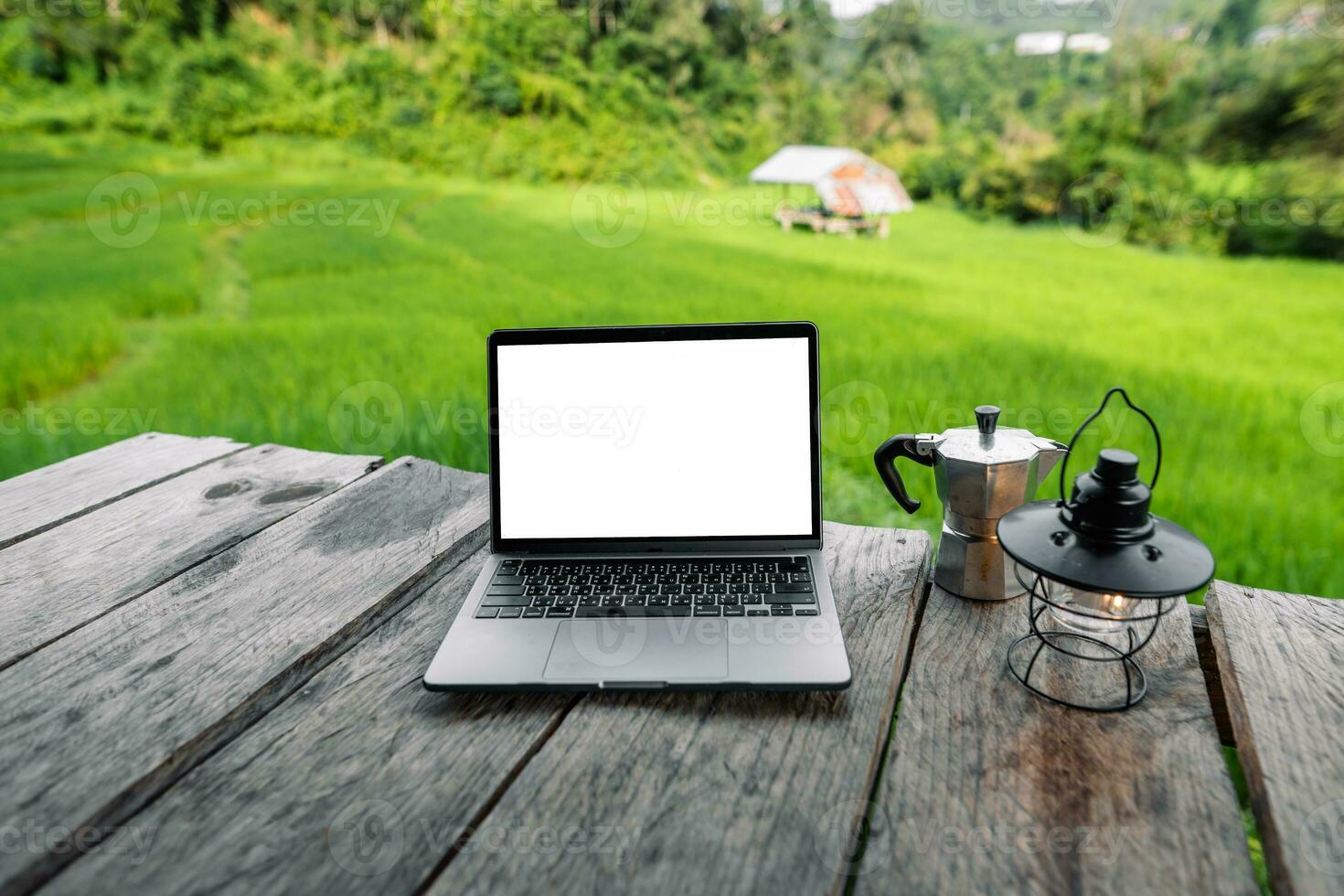 Laptop computer blank screen on a wooden terrace in the background of rice fields photo