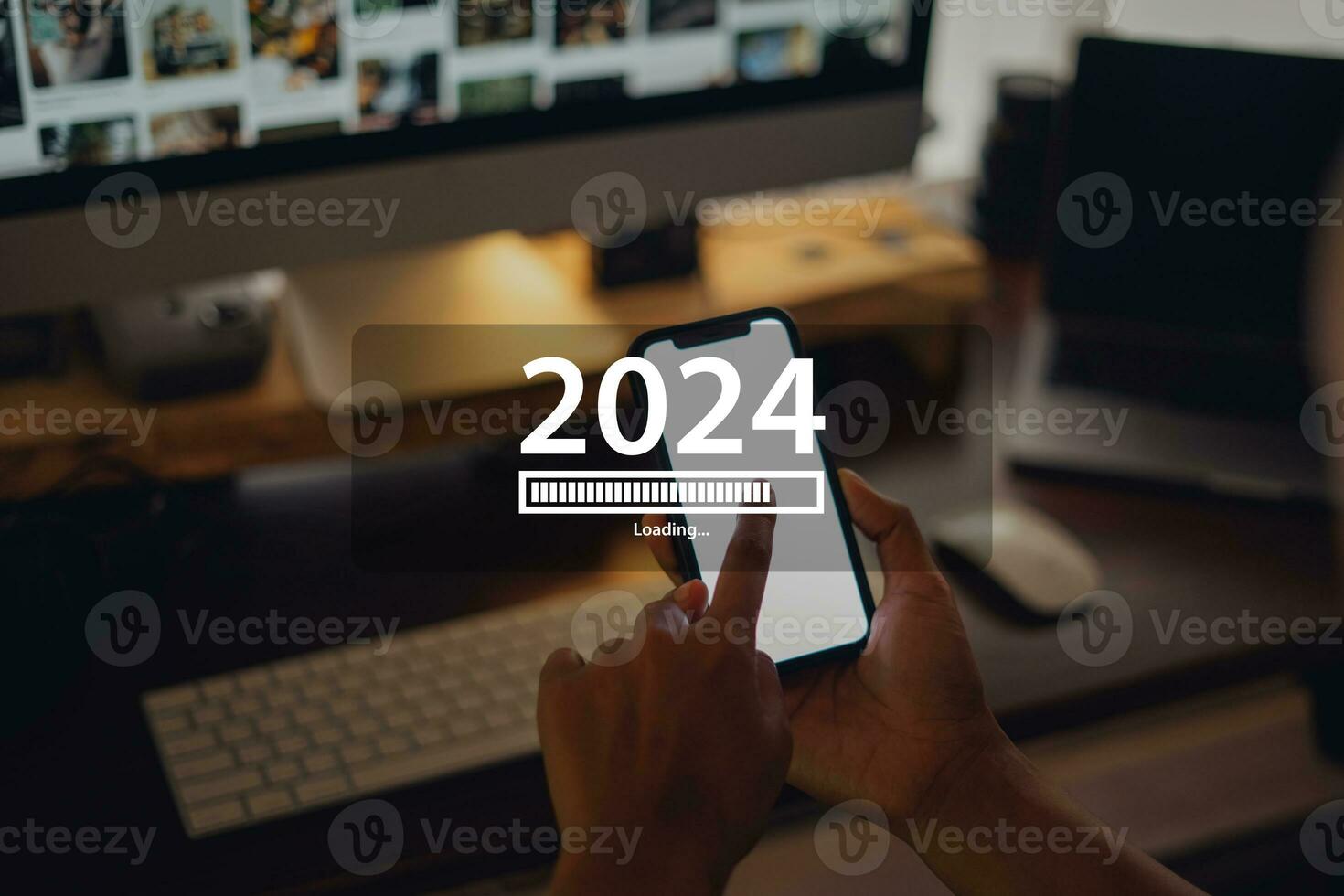 New Year 2024 celebration concept,Smartphone and work desk at home background photo