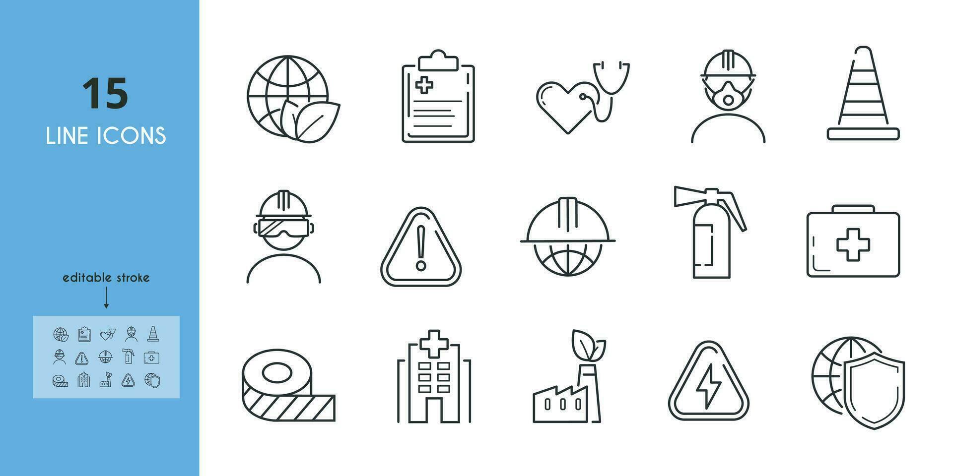 Health Safety Environment line icon set. First aid kit, danger, protective mask, heart,cone vector illustration. Editable Stroke