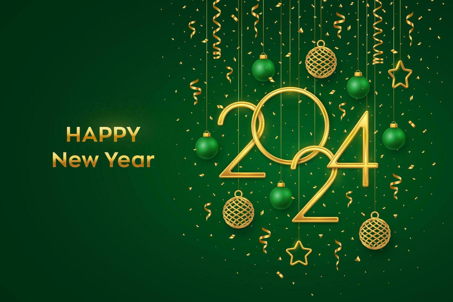 Happy New 2024 Year. Hanging Golden metallic numbers 2024 with shining 3D metallic stars, balls and confetti on blue background. New Year greeting card, banner template. Realistic Vector illustration.