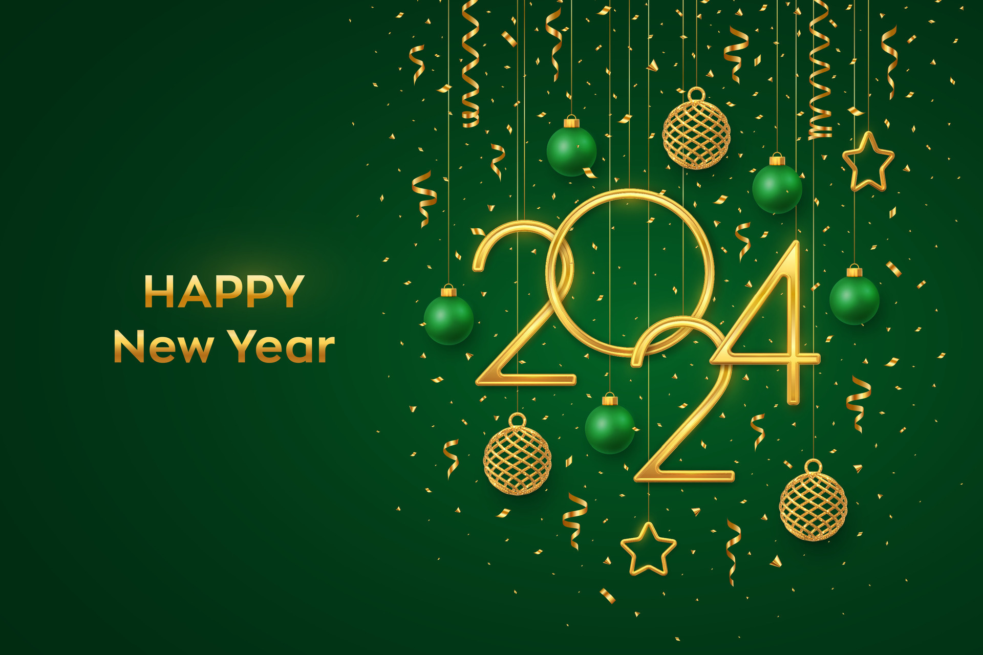 Happy New 2024 Year. Hanging Golden metallic numbers 2024 with shining