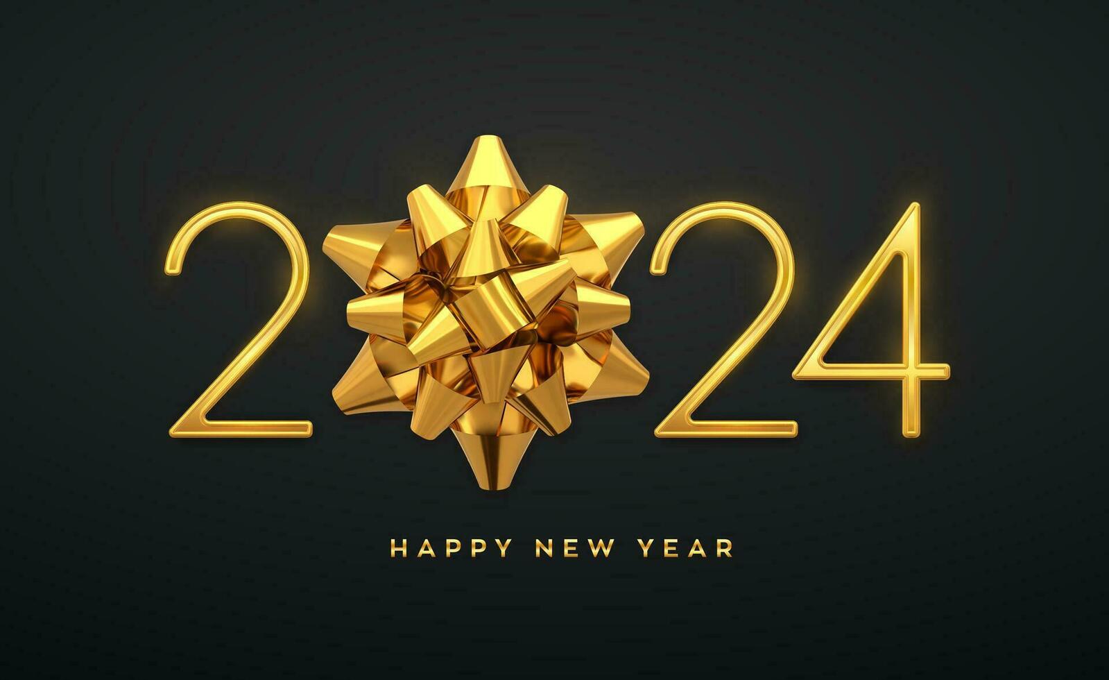 Happy New 2024 Year. Golden metallic luxury numbers 2024 with golden gift bow. Realistic sign for greeting card. Festive poster or holiday banner design. Vector illustration.