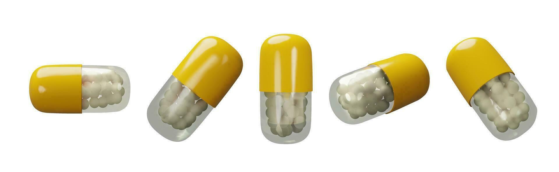 Set 3D render long yellow pills. Realistic plastic treatment. Medicine care tablet. Pharmacy chemical cure, drug, antibiotic, vitamin, painkiller. Vector illustration about health in plastic style